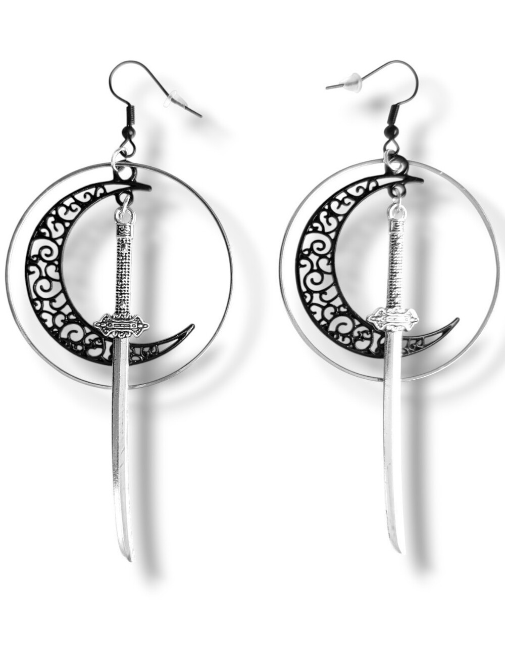 NWT Handmade Black Filigree Crescent Moon Silver Katana and Hoop Earrings
